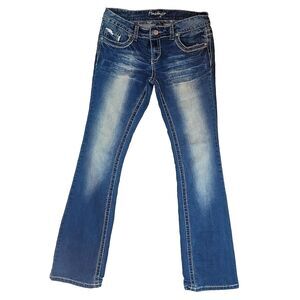 Amethyst Women Blue Denim Medium Wash Bootcut Jean Size 9/30WC W/ Embellishments